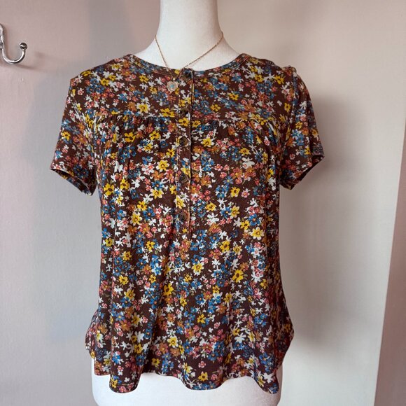 💚  Self Esteem Floral Button Front Top | Size M | Brown Boho Peplum Blouse - Picture 2 of 8